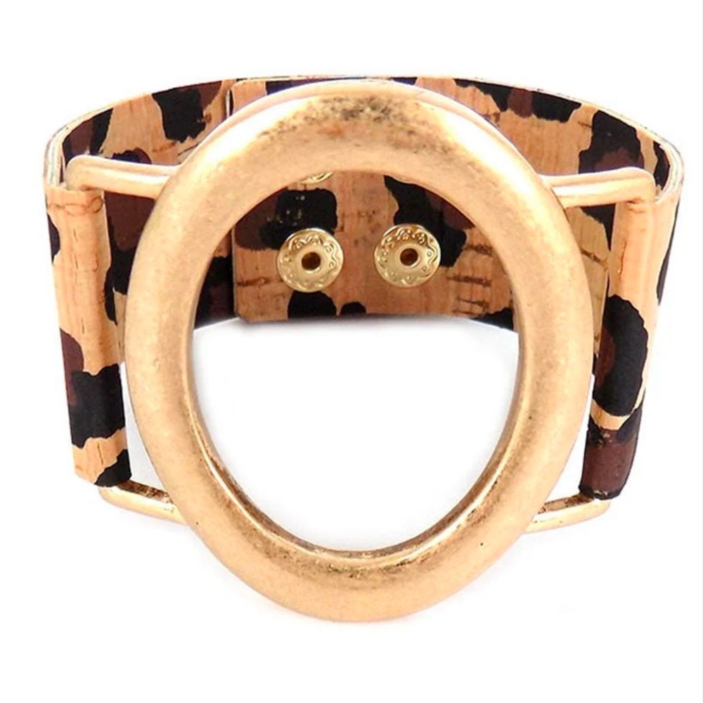 Goldtone Oval Leopard Cork Wrap Bracelet